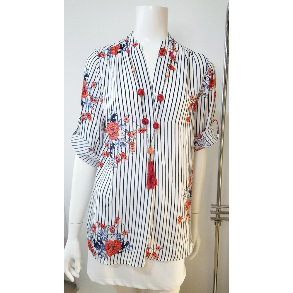 Mandee Vintage Floral Striped 3/4 Sleeve Chiffon Top - Picture 3 of 12